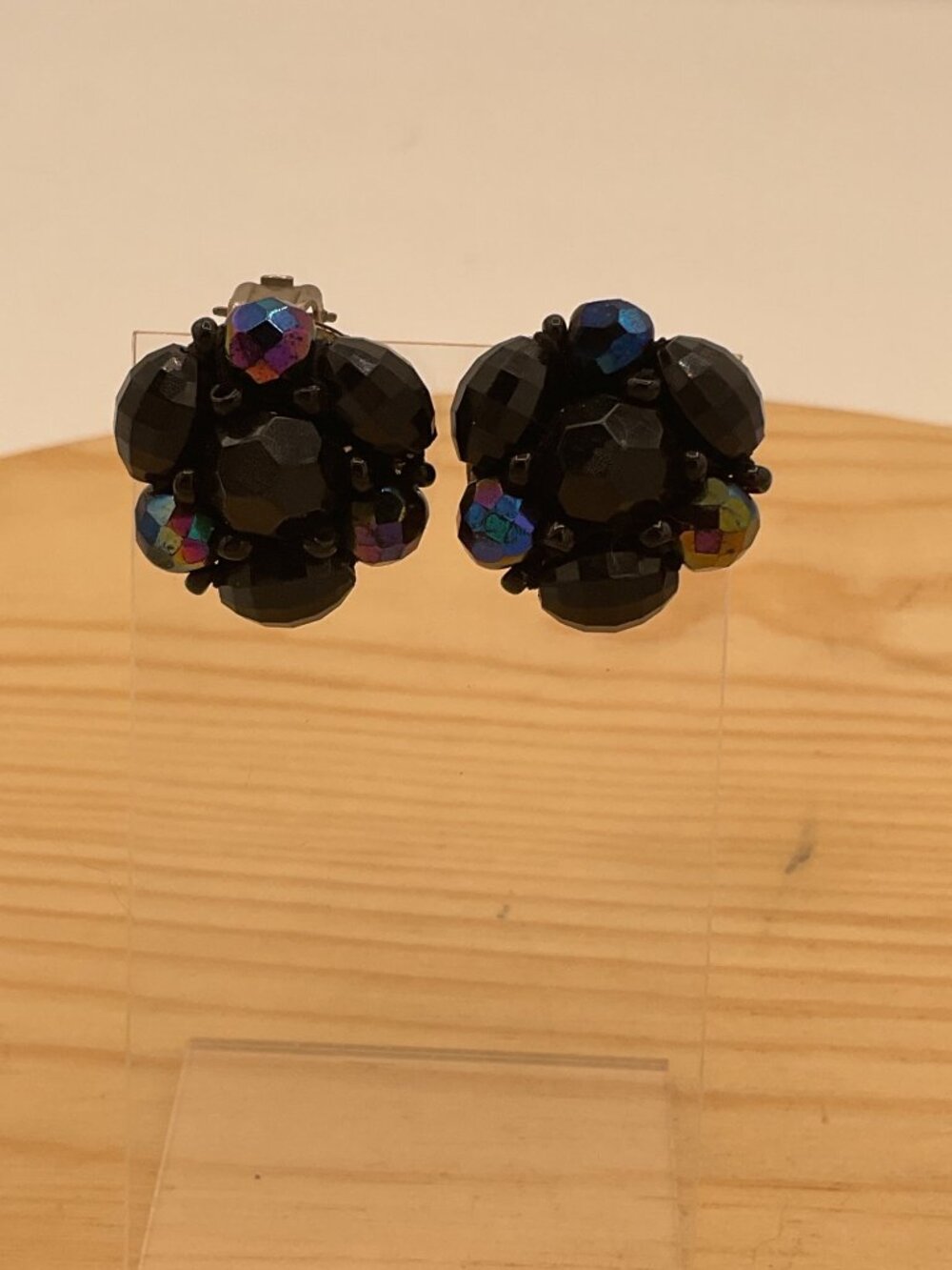 Vtg West Germany Black Aurora Borealis Bead Flower Cluster Clip On Earrings MCM